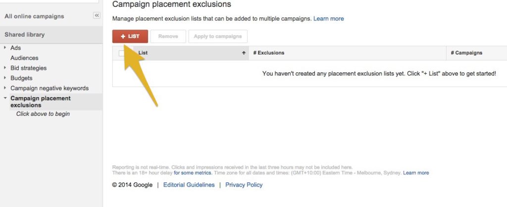 AdWords Campaign Placement Exclusions List