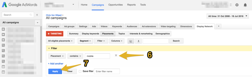 AdWords Display Network Placements Filter