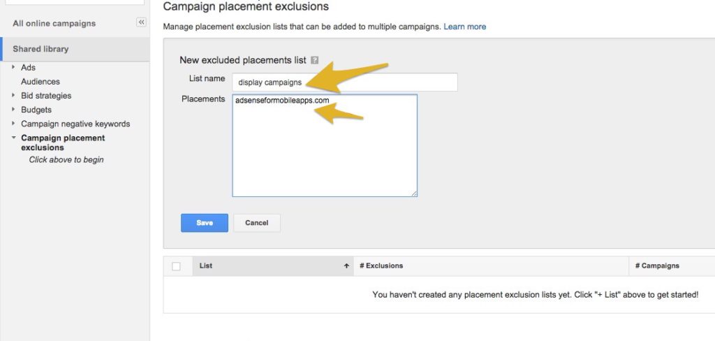 AdWords New Excluded Placements Lists