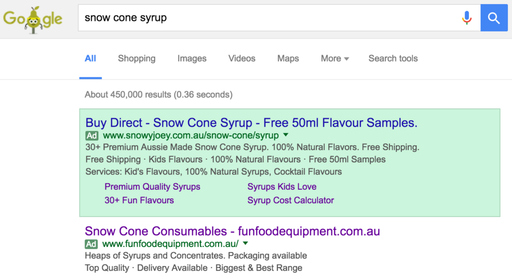 AdWords Snow Cone Syrup Ad
